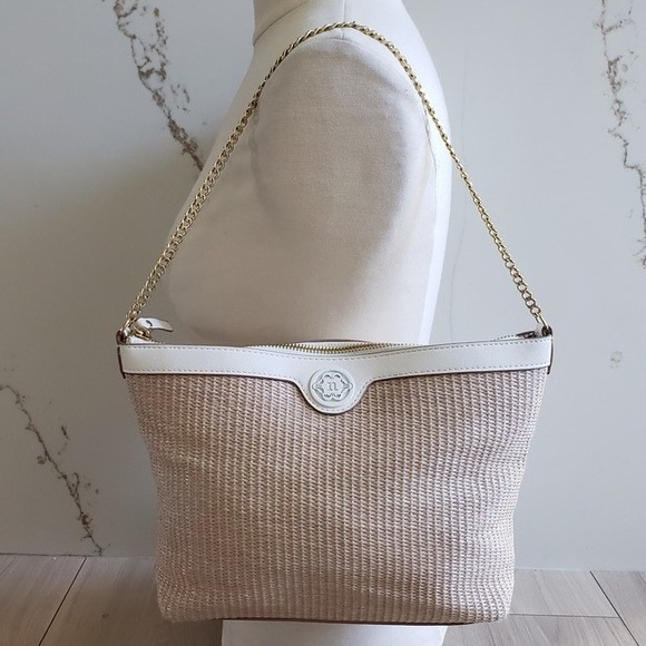 Nanette Lepore Woven Straw Crossbody Bag Gold Chain Strap Beige White Trim - Picture 2 of 8